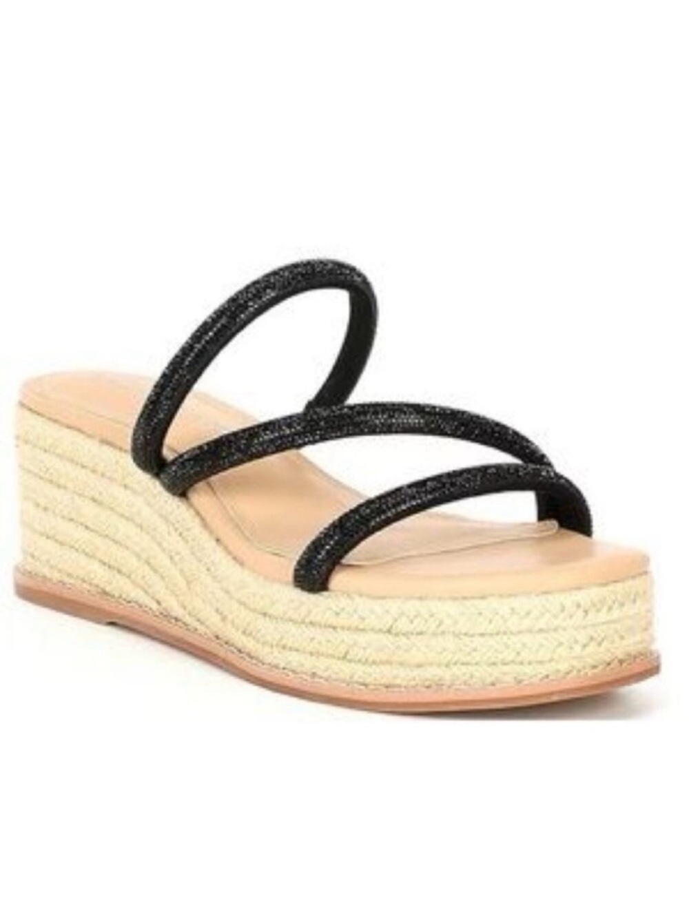 Black Espadrille Platform Wedge Sandals Rhinestone Strappy Slides 8.5 NWOB